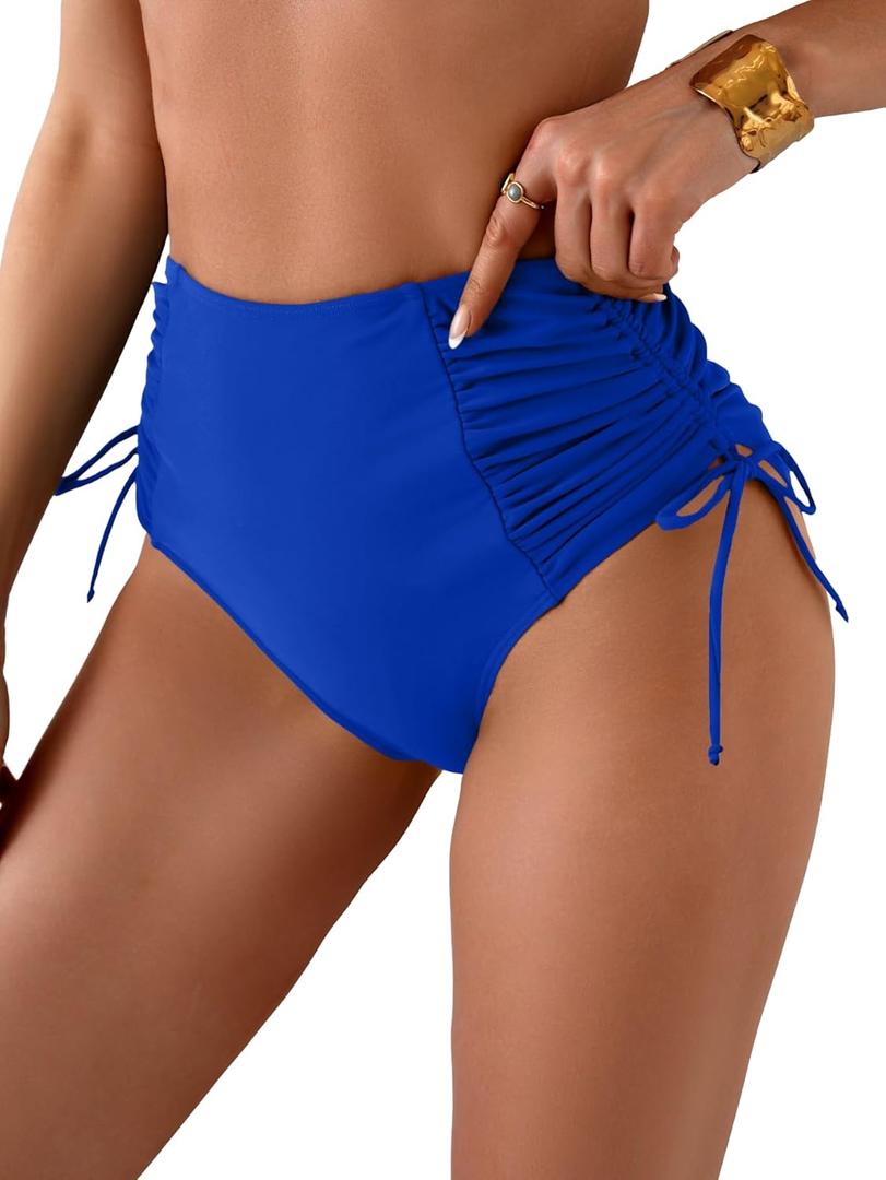 Eomenie Women's High Waisted Swimsuit Bottom Tummy Control Ruched Bikini Bottoms Side Tie Bathing Suit Swim Bottom (Royal Blue)