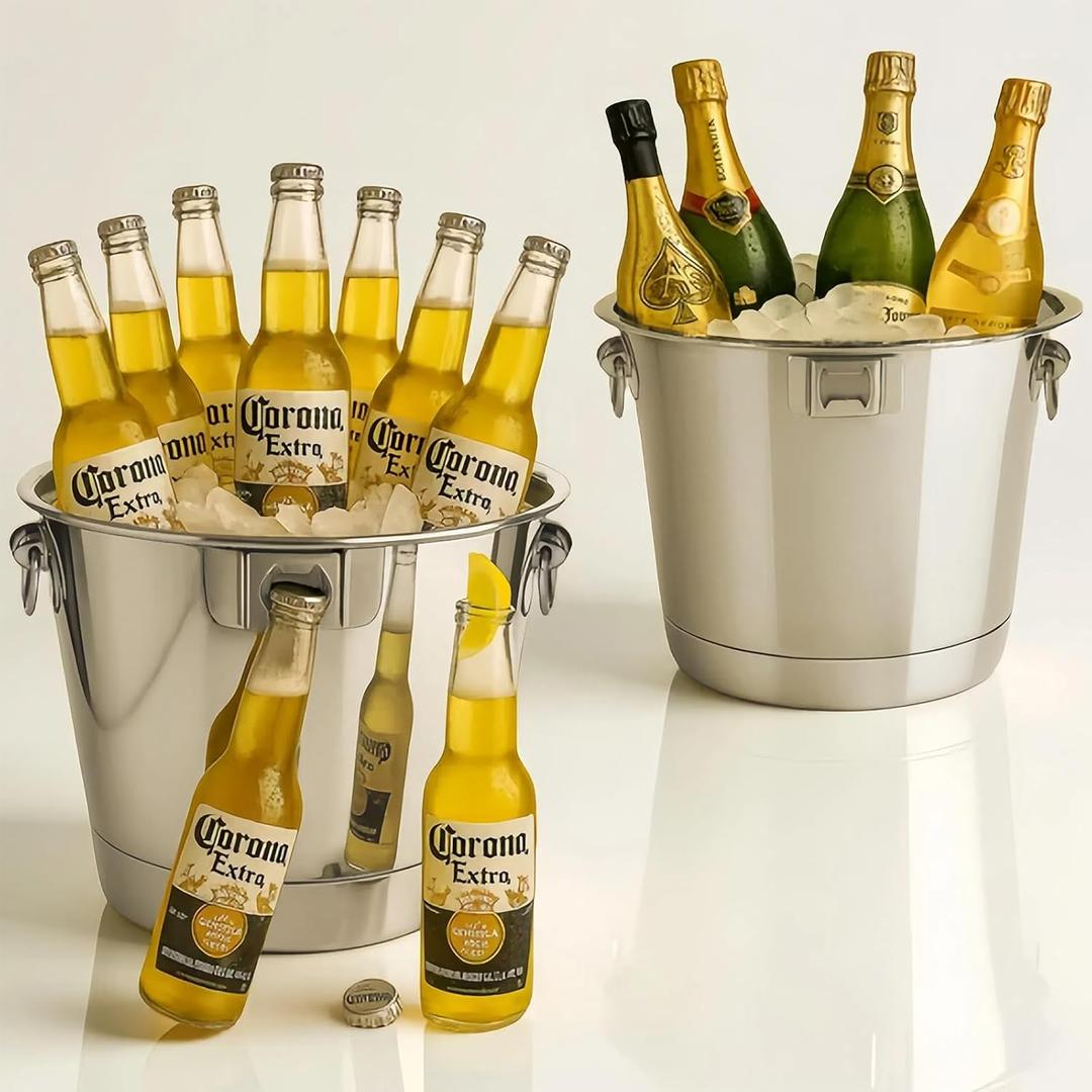 Silver 6L/6.34 Quart Ice Bucket Pack of 2 with Beer Opener for Party, Mimosa Bar Supplies. Stainless-Steel Beverage Tubs for Champagne Wine Cocktails, Metal Drink Cooler Holder Double Handles