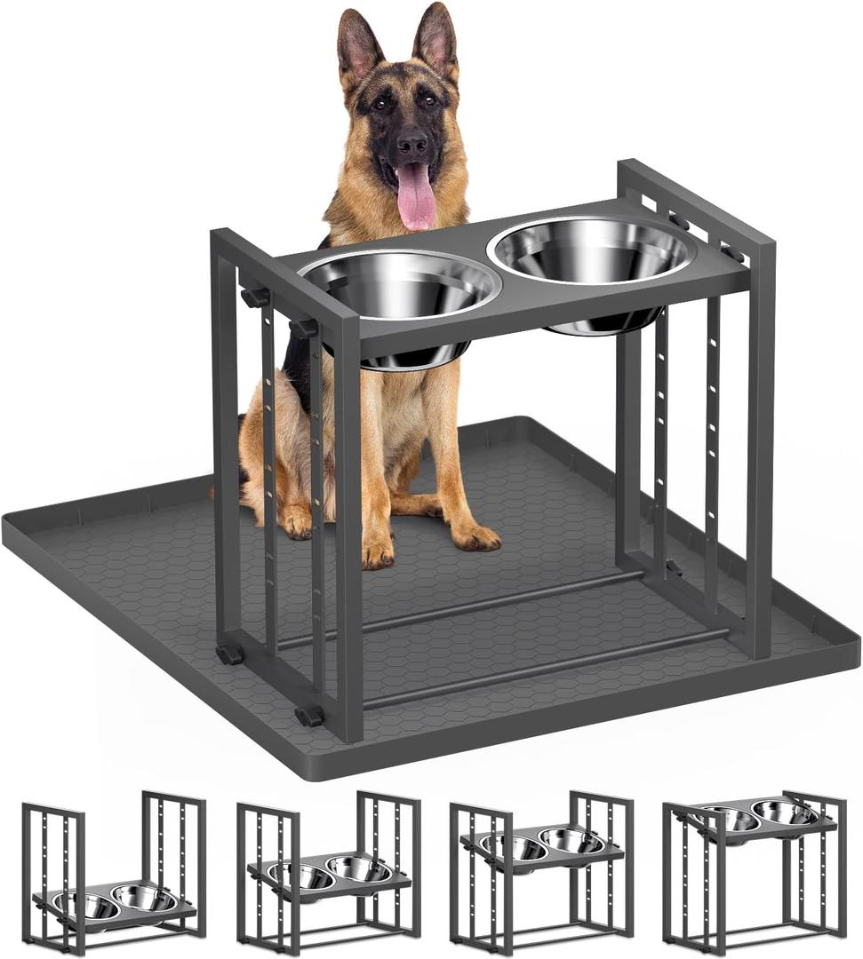 Elevated Bowls for Medium Breed: 4 Height Adjustable Raised Bowl With Metal Stand, Feeder Station With 2 Stainless Steel Bowls for Small Medium and Large Size Dogs, Grey With Feeding Mat (Medium (Capacity: 5 Cup*2))
