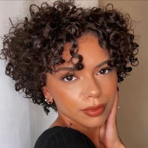 Short Curly Wigs for Black Women Human Hair Afro Natural Curly Wig Brazilian Virgin Pixie Cut Wig Human Hair With Bangs 150% Density None Lace Front Bob Wigs 1B Color (Big Curly)