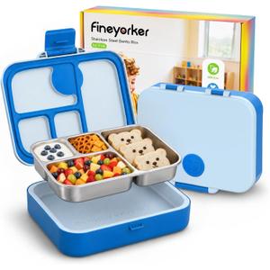 Kids Stainless Steel Bento Lunch Box, 4 Compartments | Leak-Resistant 4 Cups Lunch Container for Ages 4+ with Easy-Open Latch, Removable Seal & Meal Feedback Icon