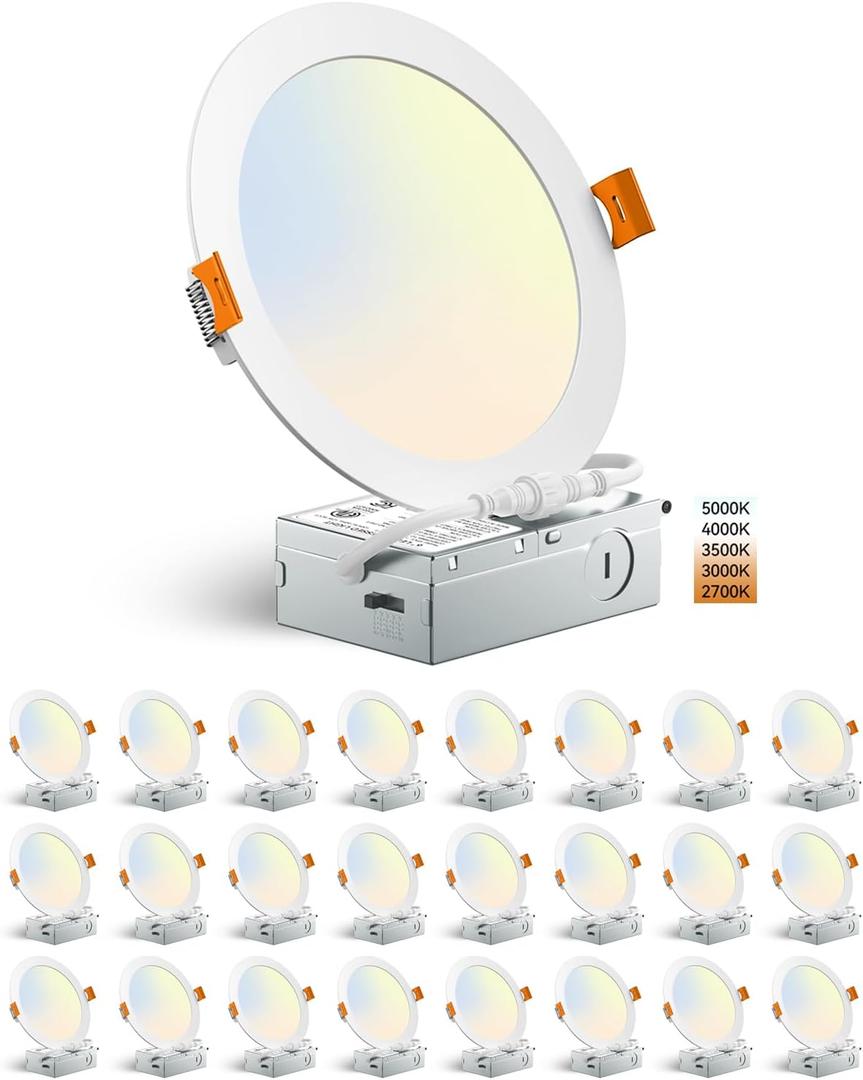 24 Pack Ultra-Thin Recessed Lighting 6 Inch 13 W 1300 LM LED Recessed Ceiling Light with Junction Box 5CCT Recessed Lighting Dimmable Canless Wafer Light Downlights for Bedroom Living Room