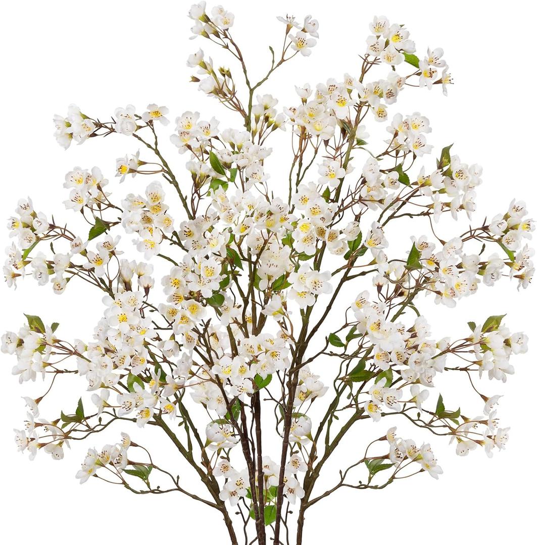 DILATATA Artificial Cherry Blossom Flowers 5 Pcs Silk Cherry Blossom Stems 37.4 Inch Long Stems Faux Silk Peach Flowers for Tall Vase Spring Decor Wedding Party Home Table Arrangement - White