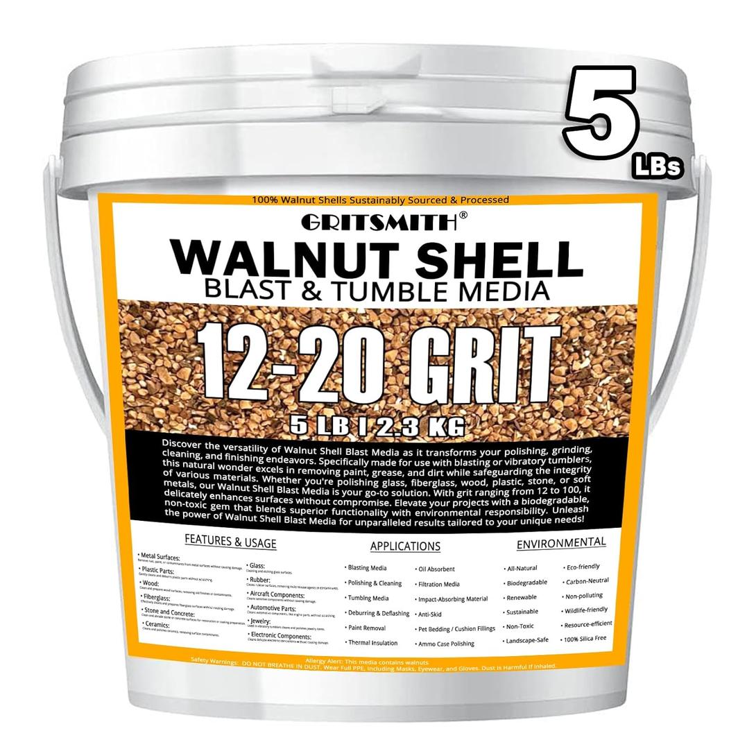 12-20 Grit Ground Walnut Shell Media (5 LBS / 2.3 KG) - Medium Grit for Tumbling, Blasting, Vibratory, Polishing, Deburring, Anti-Skid, Fillers