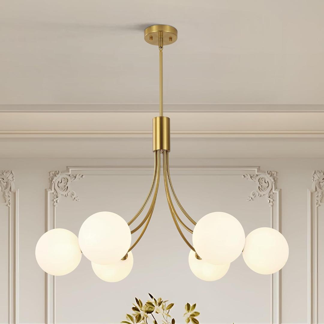 6-Light Modern Gold Sputnik Chandelier Mid Century Brushed Brass Light Fixture with Milk Glass Globes for High Ceiling Dining Room Kitchen Island Living Room, 6-Lights/D31.5 ''