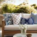 Crumbs Home California Casual Coastal Indoor Outdoor Throw Pillow Cover, 20"x20" Water Repellent for Patio, Backyard, Couch, Poolside, Neutral Navy Embroidered Small Squares