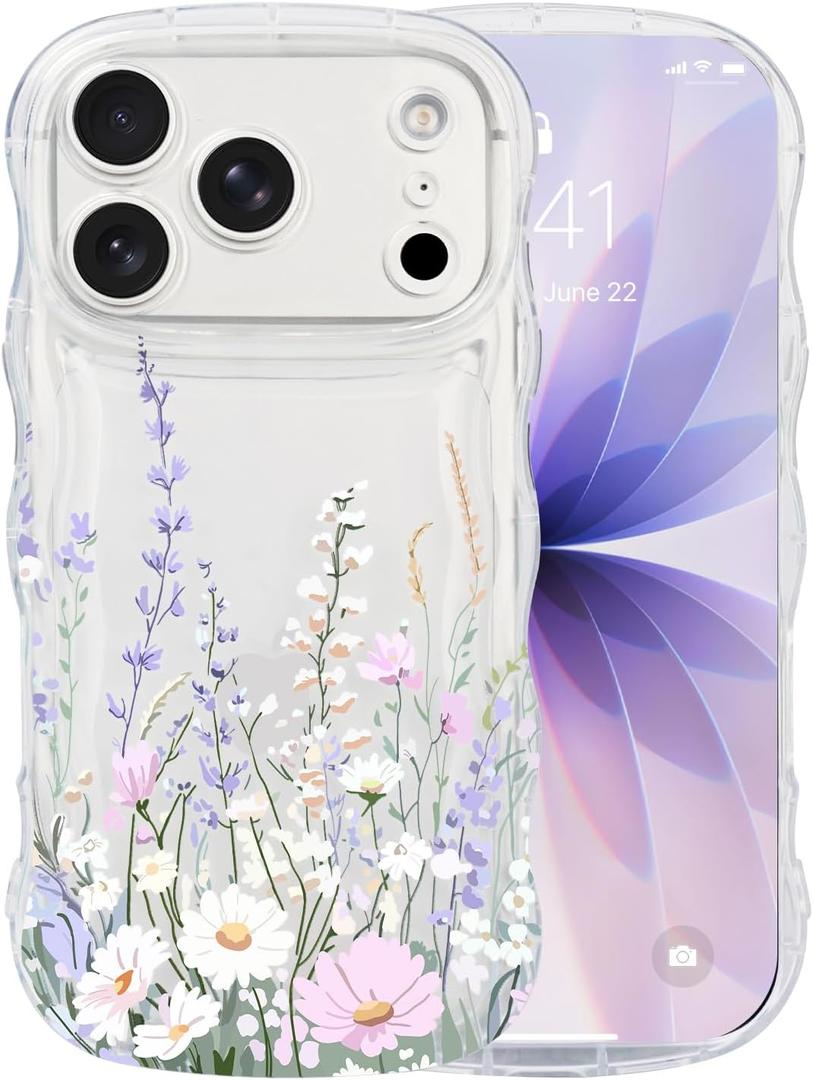 AULEEP for iPhone 17 Pro Max Case, Cute Clear Phone Case Floral with Curly Wave Frame Design, Slim Soft Shockproof TPU Protective Phone Cover for Women, Trendy Girly Case for iPhone 17 Pro Max 6.9"