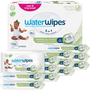 WaterWipes Sensitive+ Baby & Toddler Wipes, 3-In-1 Cleans, Cares, Protects, 99.9% Water, Textured Clean, Unscented & Hypoallergenic, 540 Count (Pack of 9)