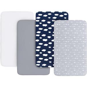 4-Pack Fitted Mini Crib Sheets for Boys and Girls - Breathable, Soft Microfiber Baby Sheets in Grey, Navy and White