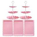 RAUVOLFIA 5 Pcs Dessert Stand Set, 2X Small 3 Tiers White Plastic Cupcake Stand Holder & 3X Rectangle Party Serving Trays/ Platters for Wedding Birthday Baby Shower Tea Party Buffet (Pink)