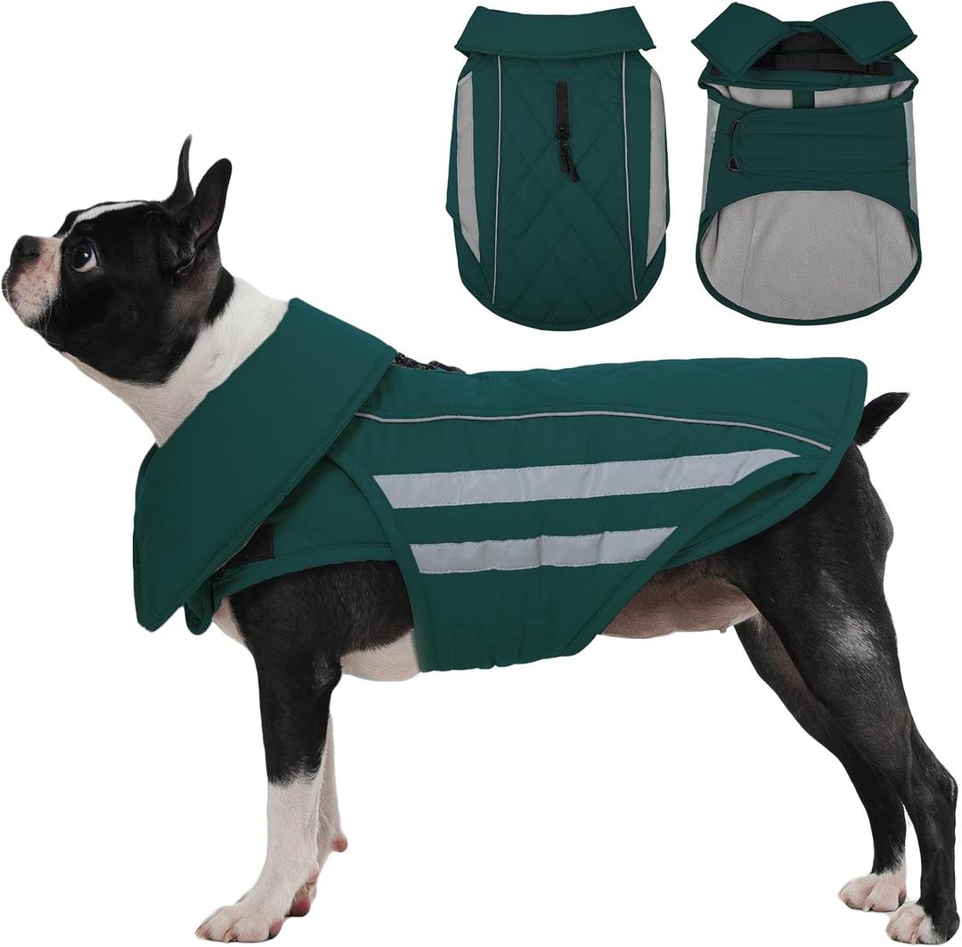 IECOii Dog Coat for Deep Chest Breeds- Reflective & Adjustable Jacket, Windproof Warm Vest for Light Rain, Snow, Waterproof Winter Coats for French Bulldogs, Boston Terrier, Green, Size Medium (Chest:16.5-20.5 in)
