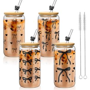 Skylety 4 Set Black Coquette Bow Aesthetic Glass Cups with Bamboo Lids and Straws 16 oz Smoothie Cups Cute Iced Coffee Trendy Tumbler for Friend Sister Women Birthday Gift