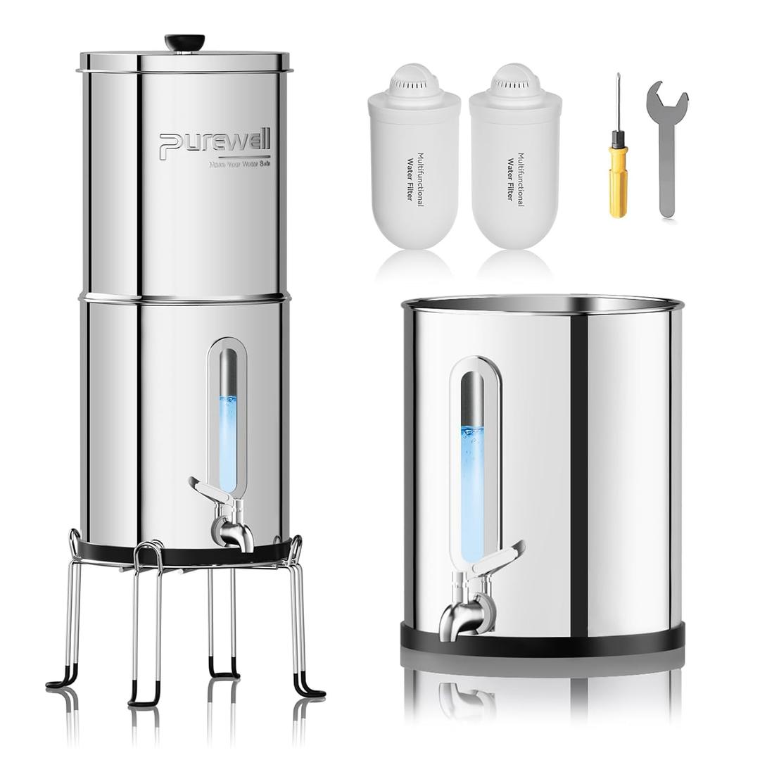 Purewell Upgraded 6-Stage 0.01m Ultra-Filtration Gravity Water Filter System with Water Level Window, 304 Stainless Steel Countertop System with 2 Filters and Stand, Reduce 99% Chlorine, 2.25G, PW-FH