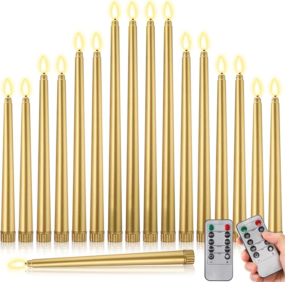 16 Pcs Battery Operated Taper Candles with Remote Timer Christmas Candles Bulk Decor 8.5" 9.6" 10.8" 12.8" LED Multiple Sizes Flameless Flickering Candlestick for Christmas Wedding (Gold)