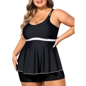 Summer Mae Women's Plus Size Tankini Cutout Two Piece SwimsuitColor Block Flowy Tummy Control 2025 Bathing Suits with Shorts (Black) (18 Plus)
