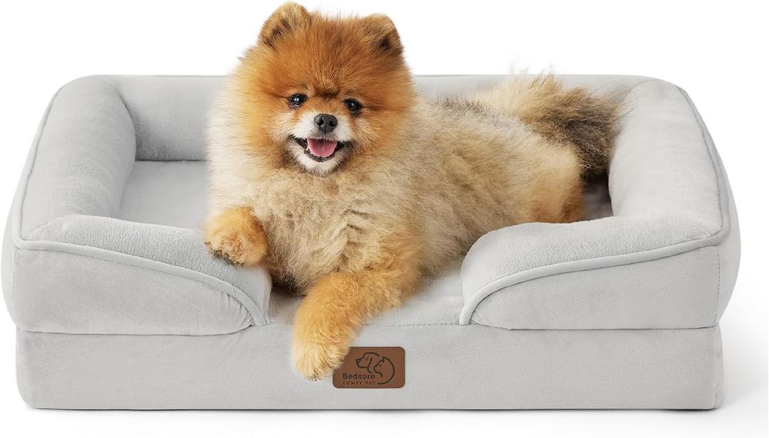 Bedsure Small Orthopedic Dog Bed - Washable Bolster Dog Sofa Beds for Small Dogs, Supportive Foam Pet Couch Bed with Removable Washable Cover, Waterproof Lining and Nonskid Bottom Couch, Light Grey (24.0"L x 18.0"W x 6.0"Th)