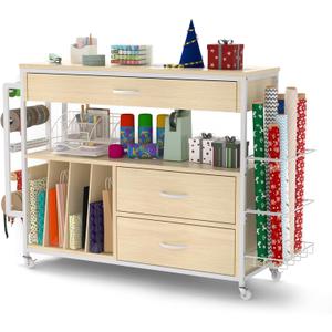 Wrapping Paper Storage & Organizer, Craft Cart with Ribbon & Gift Bag Storage, Wrapping Paper Organizer Holder(3 Wooden Drawers- Oak)