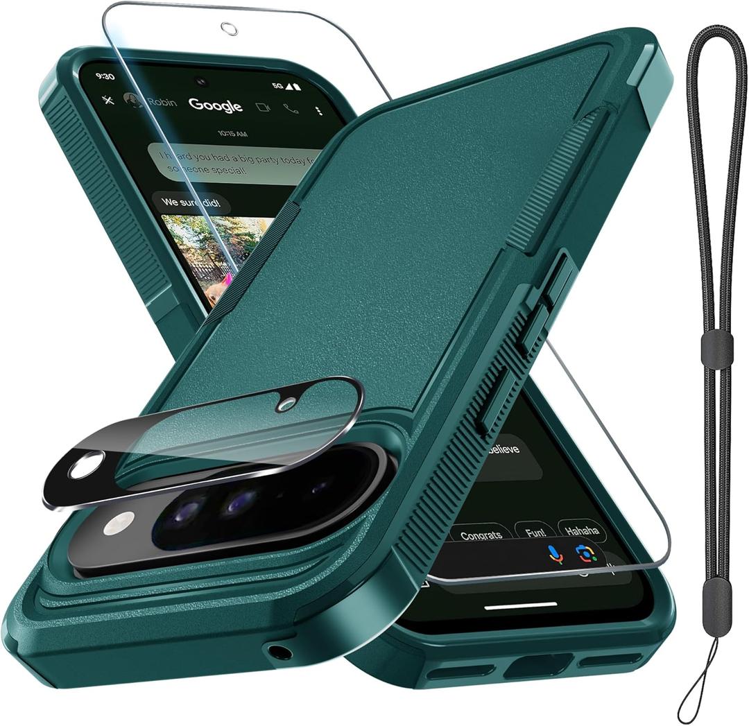 for Google Pixel 10 & Pixel10 Pro Case with Wrist Lanyard Strap+Tempered Glass Screen Protector+Camera Lens Cover,Full Body Heavy Duty Rugged Shockproof Protective Phone Cover,Dark Green