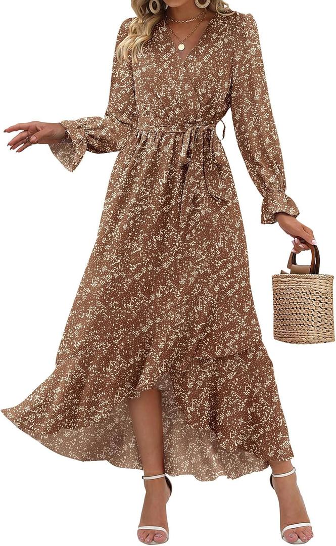BTFBM Womens Dresses Spring Clothes 2026 V Neck Floral High Waist Ruffle Wedding Guest Cocktail Boho Long Sleeve Dress (Small)
