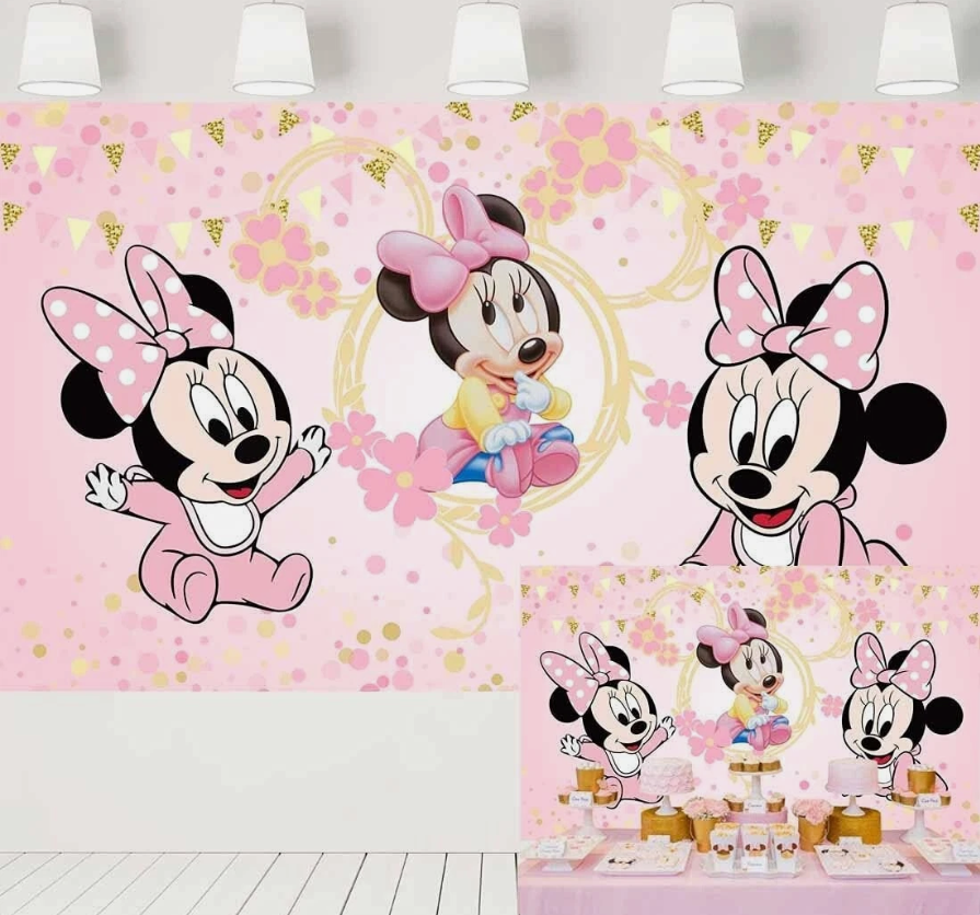 Baby Minnie Mouse Photo Backdrop 1st Birthday Party Supplies Pink Gold, 7x5 ft