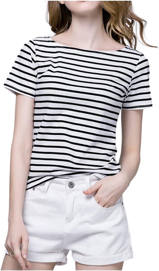 SOUGAO Women's Short Sleeve T-Shirt Striped Tops Casual Summer Boat Neck Tee Black Size M