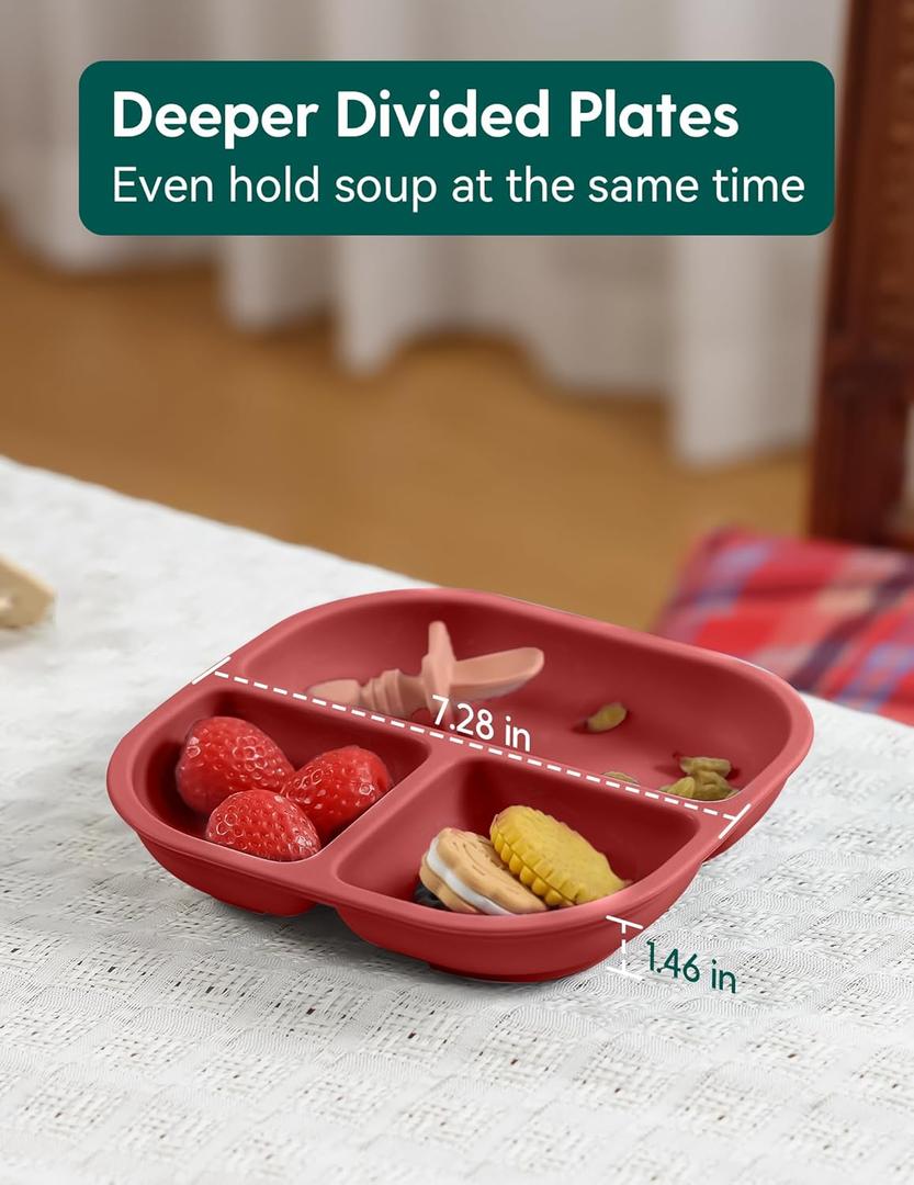 Babelio 8'' Toddler Porcelain Plates with Silicone Suction Sleeves, Lead & BPA Free, Divided, Microwave & Dishwasher Safe, Stay Put, Suitable for Kids, 3 Pack