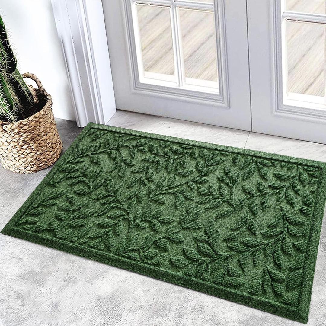 Bulijojo Sturdy Front Entrance Doormats,Durable Heavy Duty Welcome Mat,Thick Absorbent Natural Rubber Non Slip Mat,Easy Clean Entryway Mat 17x30 Inch Leaves Green (1'5" x 2'6" (Rectangular))
