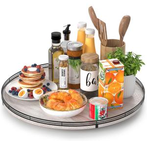 21" Lazy Susan Wood Turntable Organizer for Kitchen Decor, Farmhouse Round Wooden Lazy Susan Organization and Storage for Cabinet, Dining Table, Bathroom, Countertop,Centerpiece, Home Decor Whitewased
