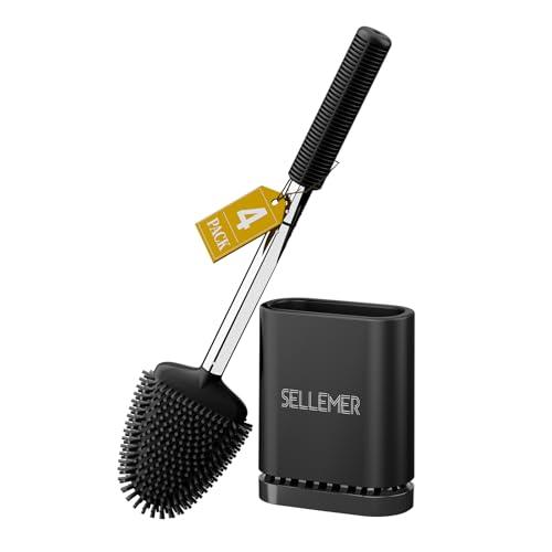 Sellemer Toilet Brush and Holder Set - Flexible Toilet Bowl Brush Head with Silicone Bristles, Compact Size for Storage and Organization, Ventilation Slots Base (4 Pack, Black)