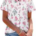 siliteelon Womens Button Down Shirts Short Sleeve Summer Linen V Neck Collared Hawaiian Floral Print Casual Blouse Tops (XS)