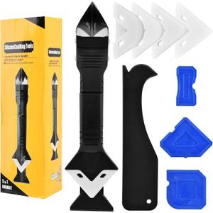 3 in 1 Silicone Caulking Tool Stainless Steelhead, 11Pcs Grout Removal Tools 5 Replacement Silicone Pads 3 Glass Glue Angle Scrapers, Caulk Remover for Kitchen Bathroom Window