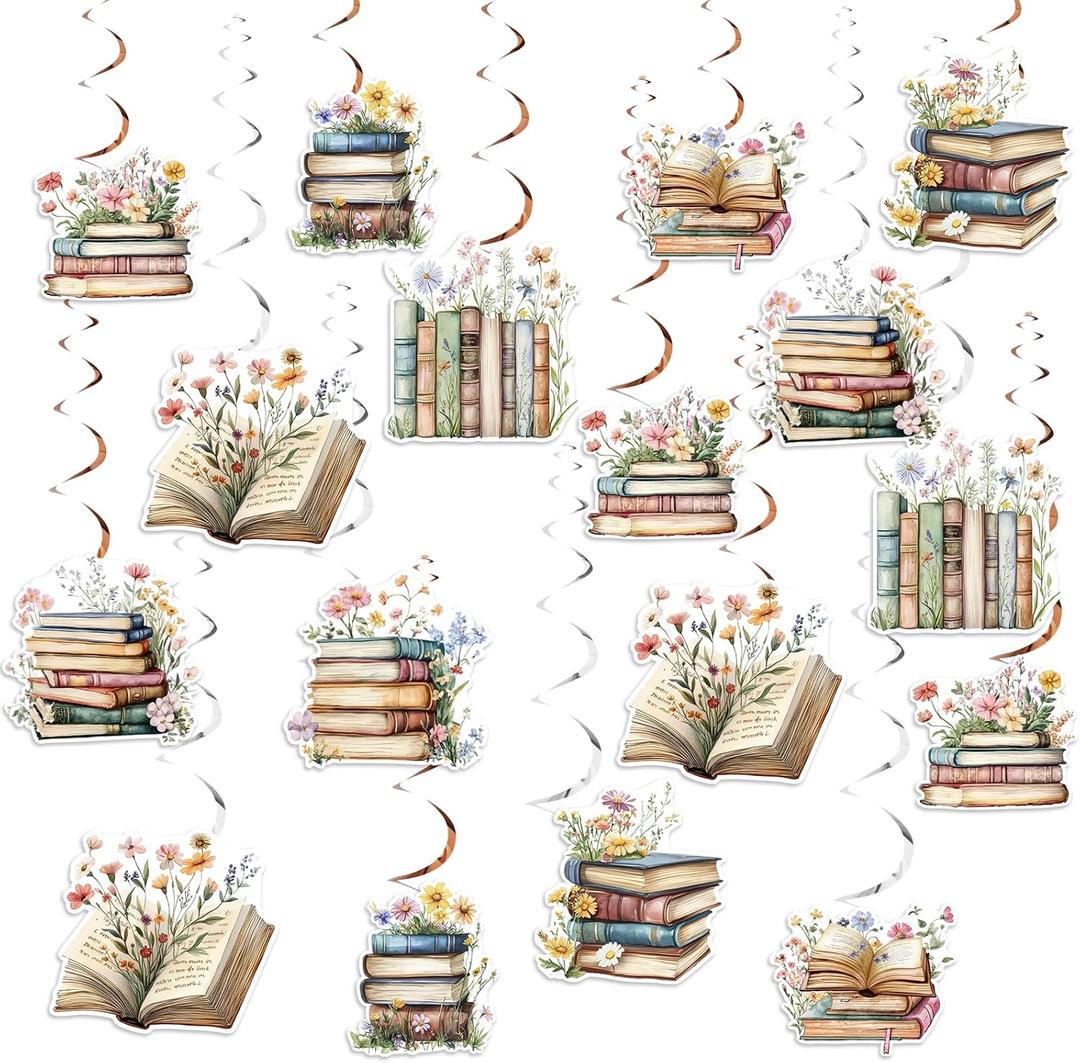 Book Party Decorations Book Hanging Swirls Garland Ceiling Streamers 24pcs for Girls Women Storybook Flowers Birthday Baby Shower Hanging Decors First Chapter Reading Library Books Club Party Supplies