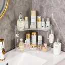 2-Tier Corner Bathroom Organizer Countertop with Hooks, Bathroom Sink Corner Vanity Storage for Makeup, Skincare and Perfume (White Silver)