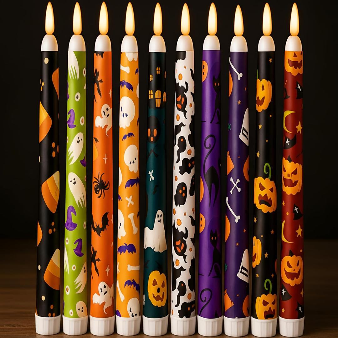 Yungyan 10 Pcs Halloween Flameless Taper Candles Bulk 11 inches LED Flickering Taper Candles Battery Operated Plastic Candlesticks for Indoor Party Decor Supplies (Pumpkin Style)