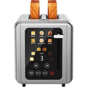 Touch screen Toasters 2 slice, Stainless Steel Digital Timer Toaster with Sound Function, 6 Bread Types & 6 Shade Settings, Smart Extra Wide Slots Toaster with Bagel, Defrost Functions (silver)