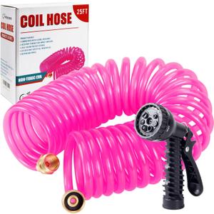 Yereen Garden Hose 25FT EVA Water Hose with 7-Pattern Spray Nozzle,Curly Self Coiling Lightweight Garden Hose,Retractable Drinking Water Safe Garden Coil Hose for Lawn Patio (Pink)