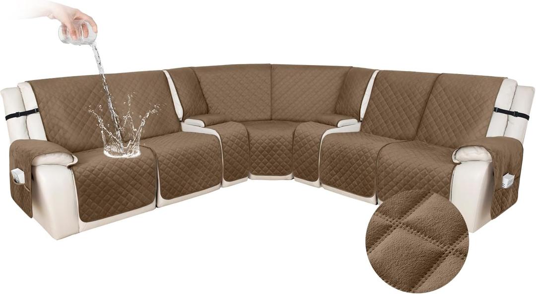 HDCAXKJ 100% Waterproof Velvet Recliner Sectional Couch Covers L Shaped Corner Reclining Sofa Cover Washable Thick Non Slip Sectional Slipcover with Pockets (5 Seat and 2 Middle Console, Light Brown)