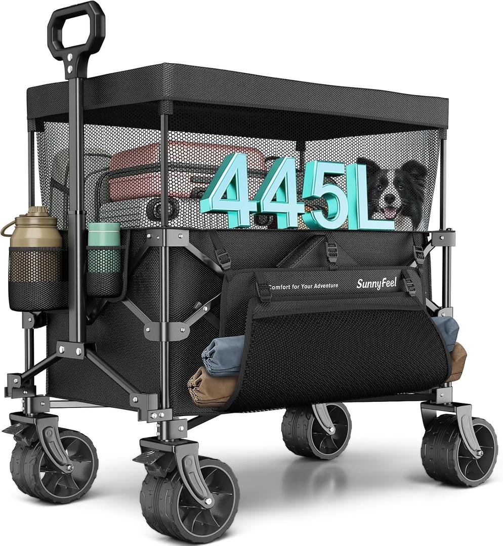 SUNNYFEEL 445L Extra Large Folding Wagon Cart with Canopy, 440 LBS Heavy Duty Collapsible Utility Cart with All-Terrain Wheels, 3-in-1 Portable Wagon for Garden, Groceries, Camping, Beach, Shopping