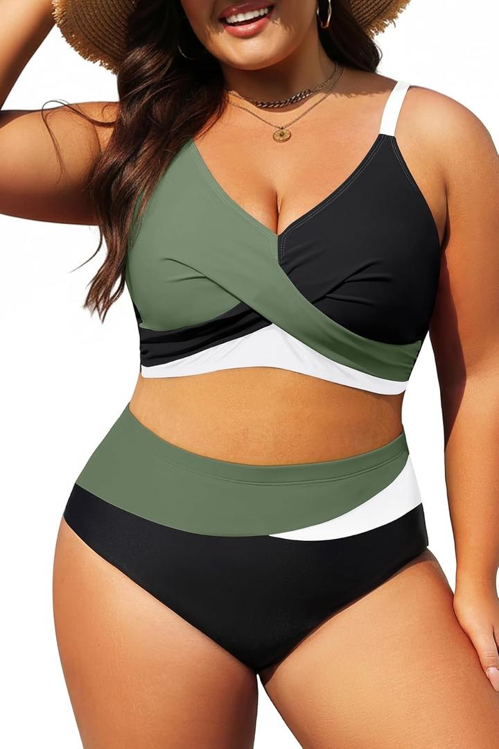 Tempt Me Plus Size Two Piece Swimsuit - Green White Black Women High Waisted Bikini Set Tummy Control Bathing Suits 14 Plus