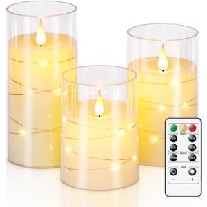 Homemory Flickering Flameless Candles with String Lights, Battery Operated Candles, Embedded String Lights LED Candles, Unbreakable Plexiglass Candle with Remote, Set of 3, Ivory White