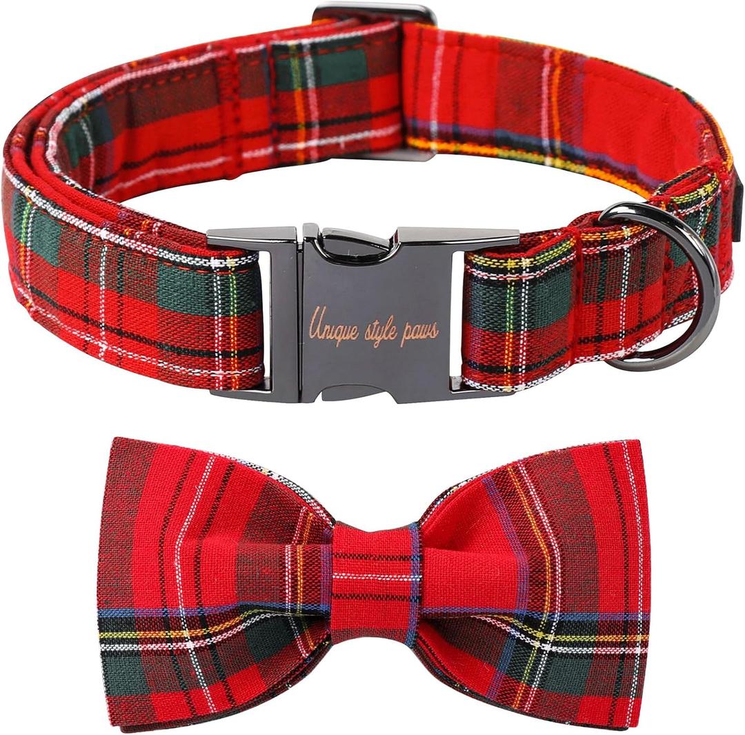 Unique Style Paws Christmas Dog and Cat Collar with Bow Pet Gift Adjustable Soft and Comfy Bowtie Collars for Small Medium Large Dogs, Red