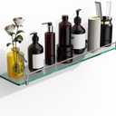 24 Inch Glass Bathroom Shelves,Chrome Polished Floating Shelves for Wall Rectangular Modern Stainless Steel Glass Shelf for Bathroom Shelves Wall Mounted, 24"with railing
