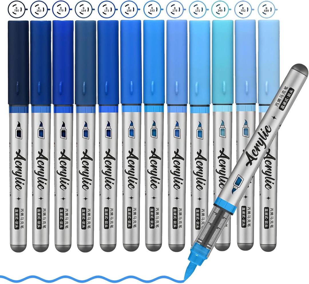 ZZWUAPT Blue Acrylic Paint Pens, 12 Color Paint Pens Markers, Brush Tip Paint Pens for Rock Painting Wood Glass Ceramic Canvas Stone DIY Crafts Making Art Supplies