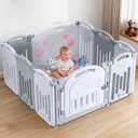 Uanlauo 10 Panel Foldable Playpen for Babies and Toddlers, Baby Fence Play Area with Secure Gate, Easy Assemble Play Yard (Grey+White)