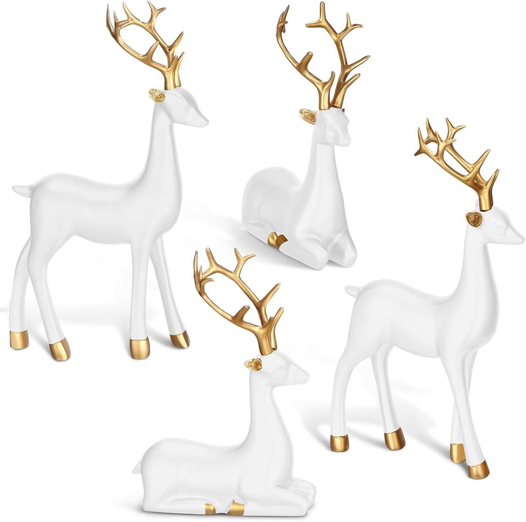 Thyle 4 Pcs Christmas Reindeer Decor Small Resin Standing Sitting Deer Figurine Mini Reindeer Christmas Table Decoration for Home Indoor Xmas Holiday Small Statue Rustic Table Decor(White, Gold)
