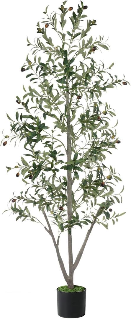 Olive Trees Artificial Indoor, 7FT Tall Faux Olive Tree with Moss and Planter, Artificial Plants Indoor with Natural Wood Trunk and Lifelike Fruits, Fake Tree for Home Office Living Room Decor