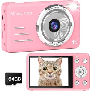 Digital Camera, 4K 64MP UHD 18X Autofocus Digital Zoom with 64GB Micro SD Card 2.8 Inch IPS Screen, Portable Compact Point and Shoot Vlogging Camera for Photography Teens Beginner Adult, Pink