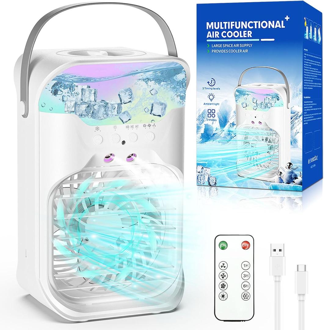 Portable Air Conditioner Cooling Fan with Remote, Quiet with 3 Speeds, 1500ml Air Cooler Fan with 2 Mist, 7 Night Light, 6H Timer, Small Air Conditioner for Bedroom Office