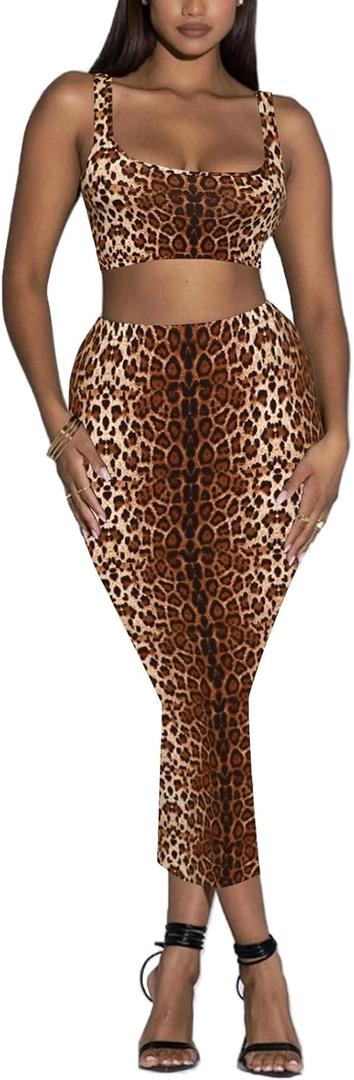 Women's Two Piece Skirt Set - Summer Casual Midi Long Bodycon Pencil Skirts and Crop Tank Tops Club Rave Outfits (Medium, Cheetah Brown)