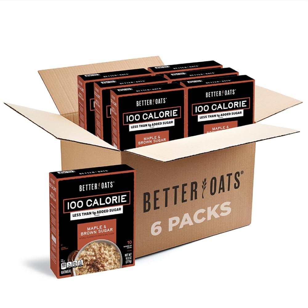 Better Oats 100 Calorie Maple & Brown Sugar Oatmeal Packets, Whole Grain with Flax Seeds and Rolled Grains, Cooks in 90 Seconds, Box of 10 Pouches (Pack of 6) (EXP 05/15/28)